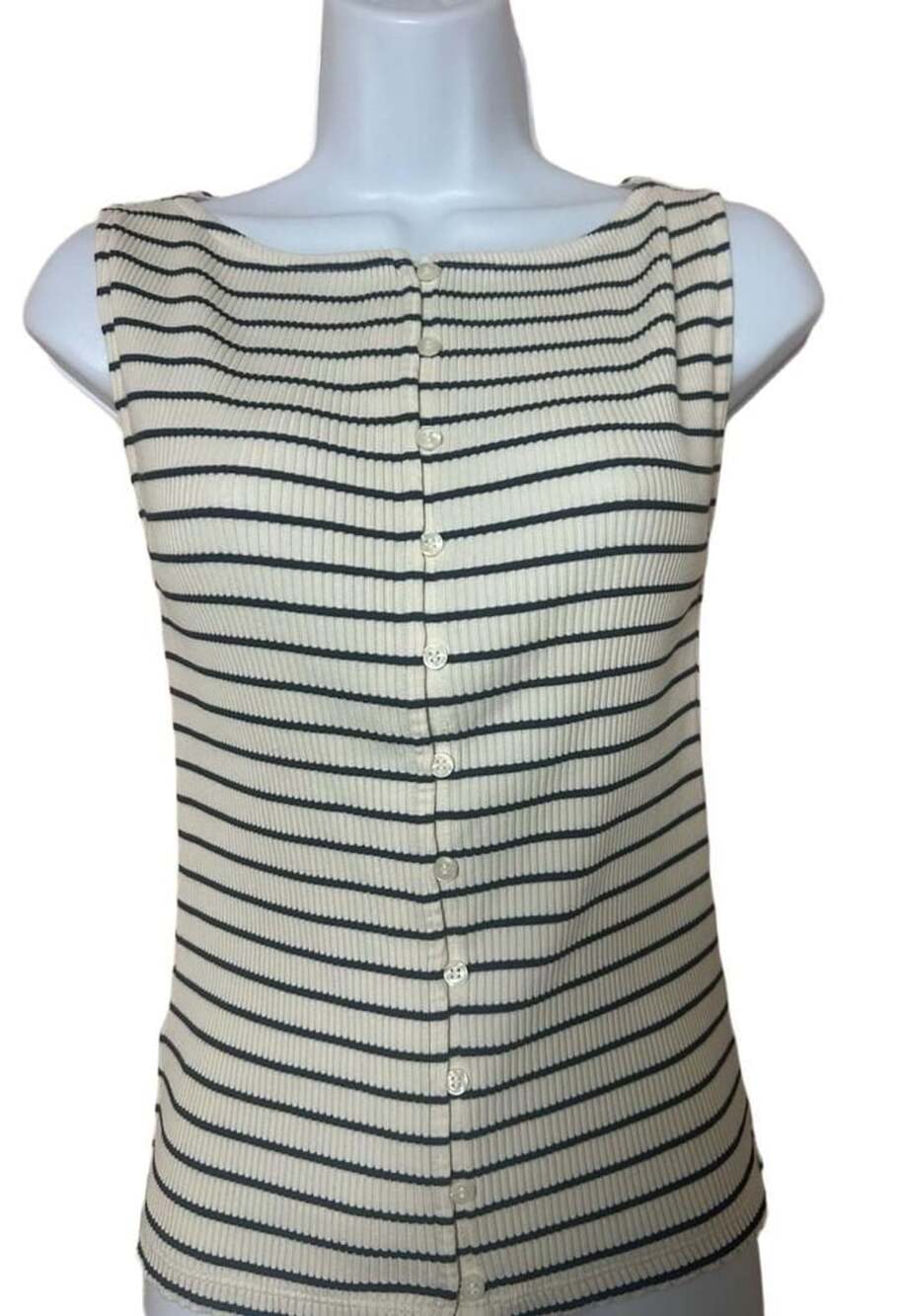 Ann Taylor Striped Ribbed Tank Top Size S Button Front Black Ivory
